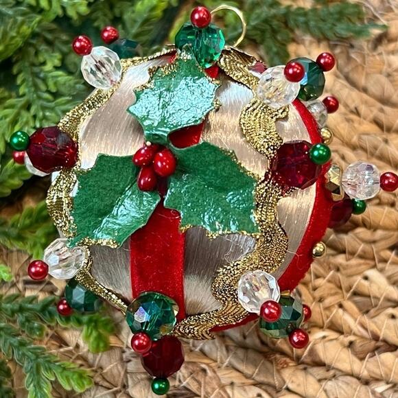 Beaded Push Pin Satin Thread Ball Christmas Ornament Mid Century Vintage Style - Picture 1 of 8